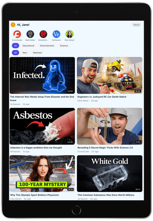 NestTube child mode — safe, curated YouTube feed on a tablet